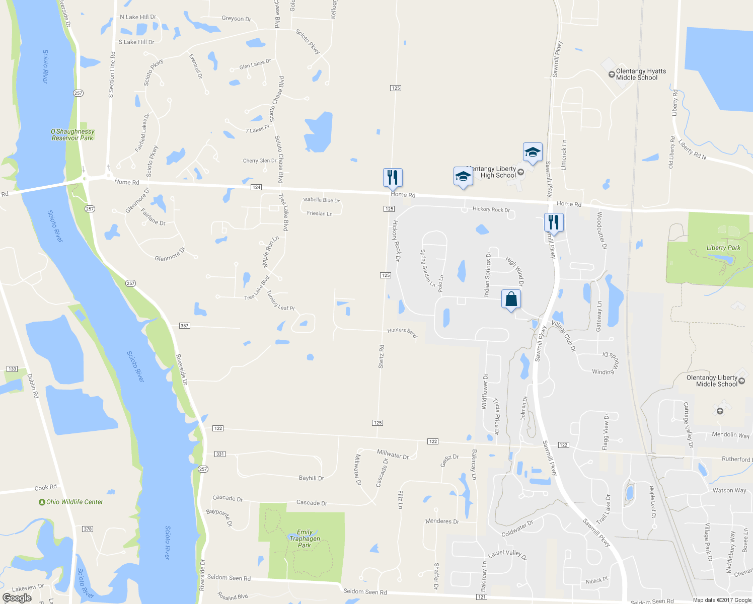 map of restaurants, bars, coffee shops, grocery stores, and more near 7902 Steitz Road in Powell