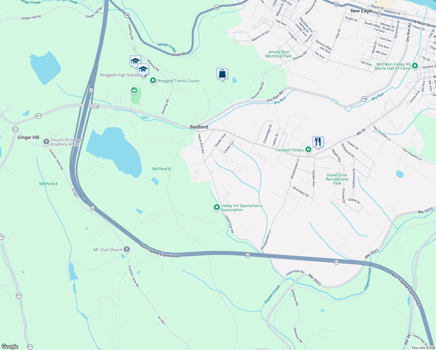 map of restaurants, bars, coffee shops, grocery stores, and more near 254 Hazel Kirk Road in Monongahela