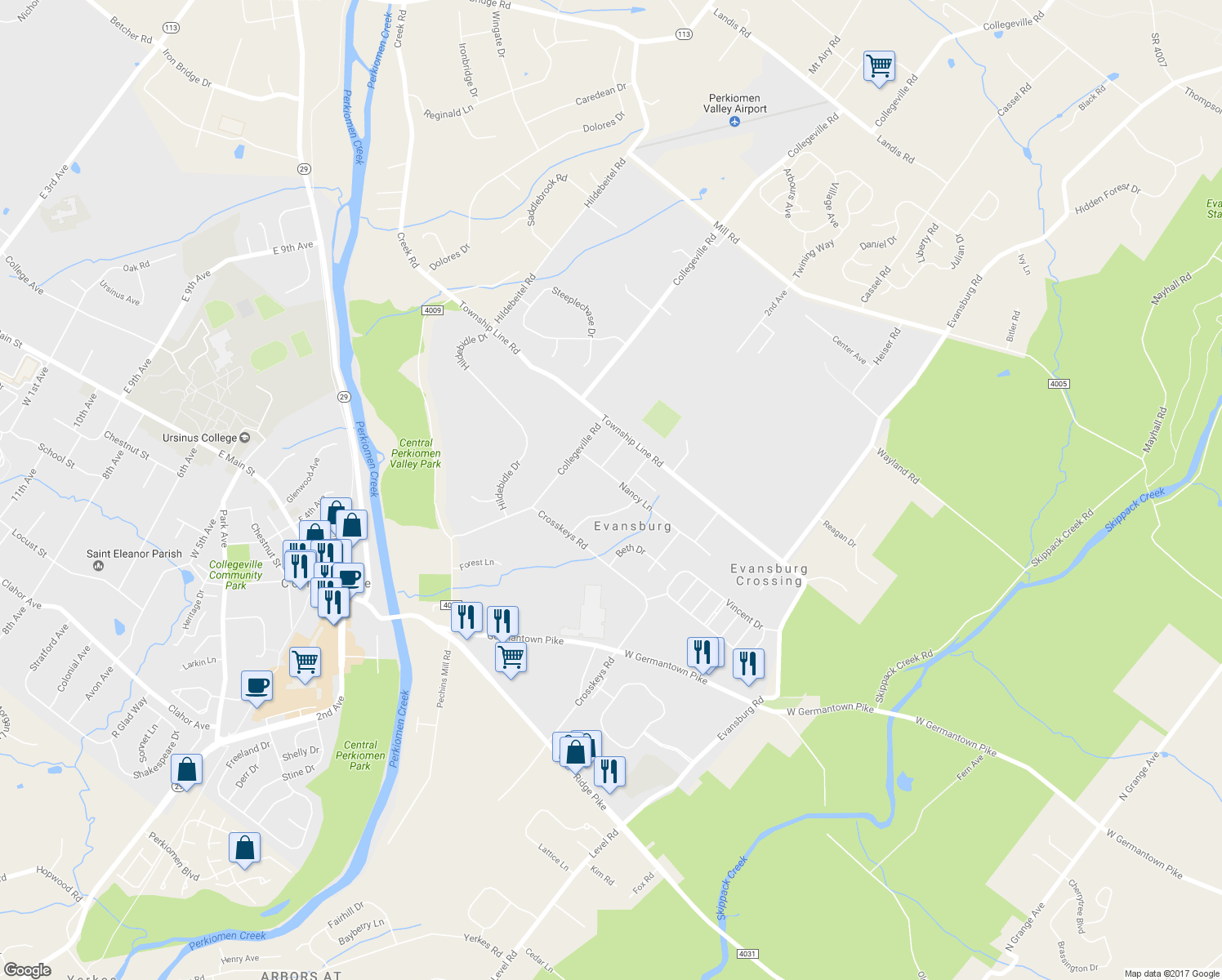 map of restaurants, bars, coffee shops, grocery stores, and more near 3948 Nancy Lane in Collegeville