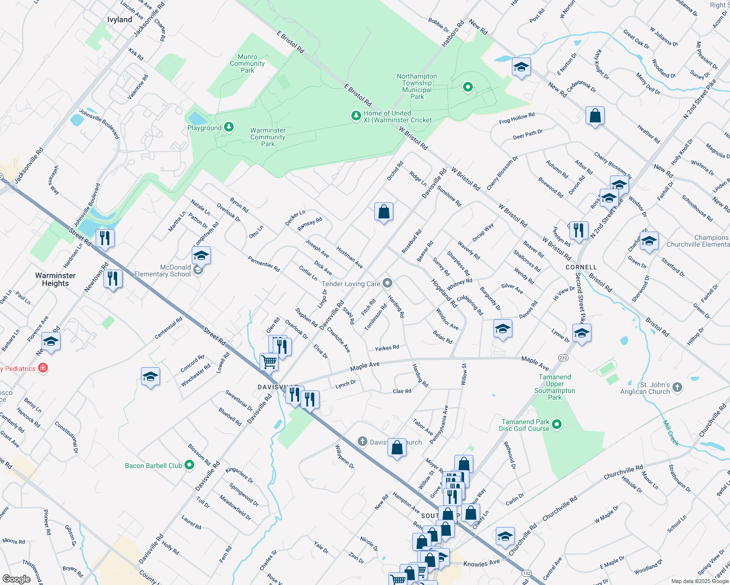 map of restaurants, bars, coffee shops, grocery stores, and more near 1113 Hilltop Road in Southampton