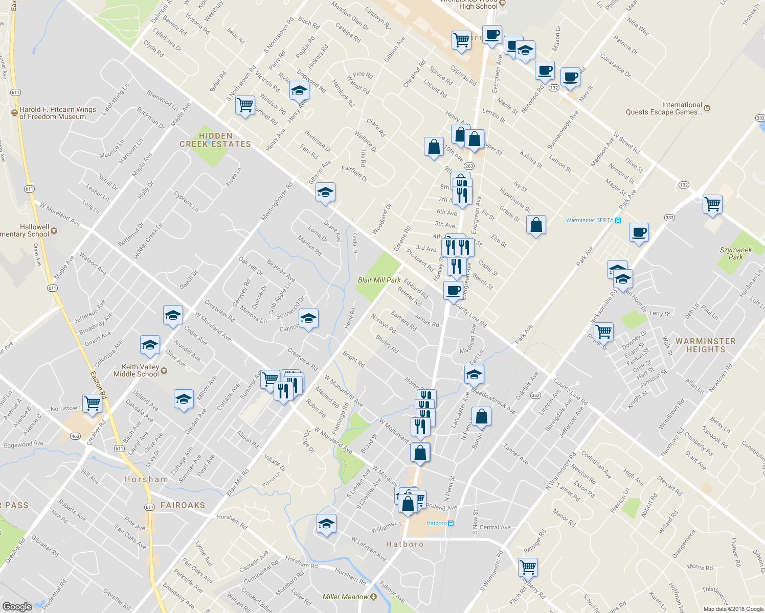 map of restaurants, bars, coffee shops, grocery stores, and more near 52 Barbara Road in Hatboro