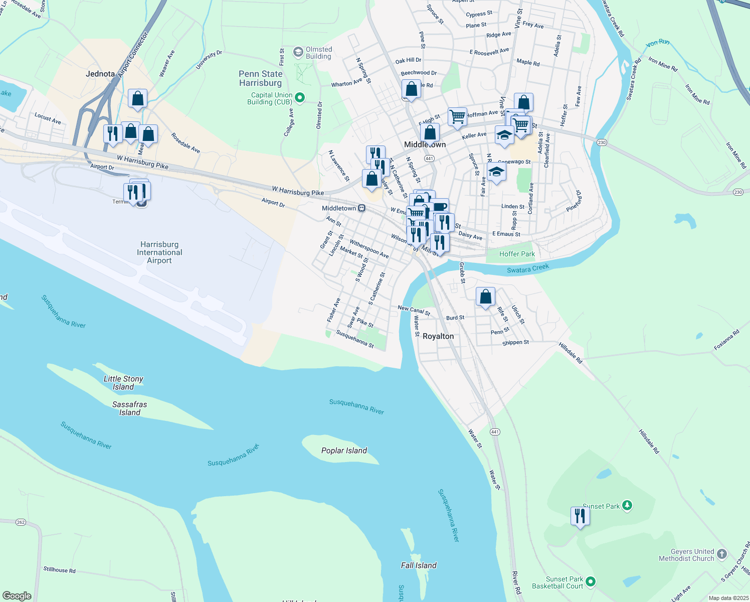 map of restaurants, bars, coffee shops, grocery stores, and more near 65 State St in Middletown