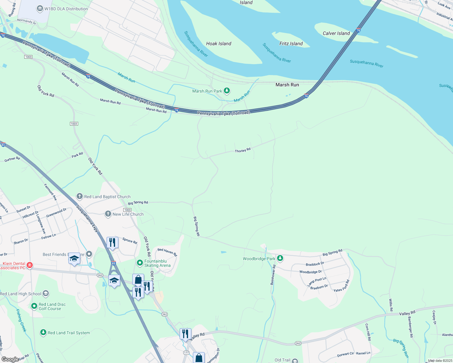 map of restaurants, bars, coffee shops, grocery stores, and more near 460 Granite Quarry Road in New Cumberland