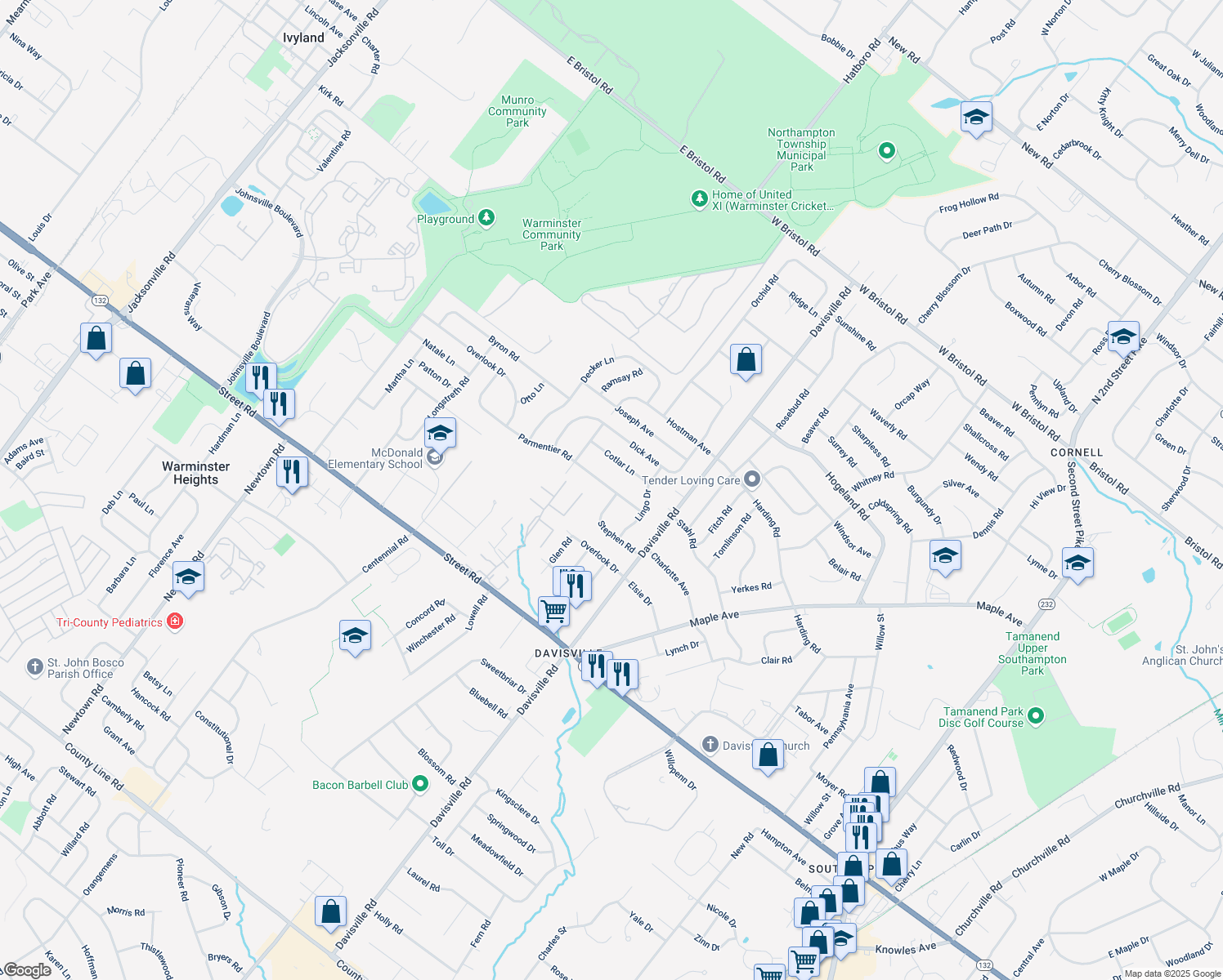 map of restaurants, bars, coffee shops, grocery stores, and more near 760 Parmentier Road in Warminster