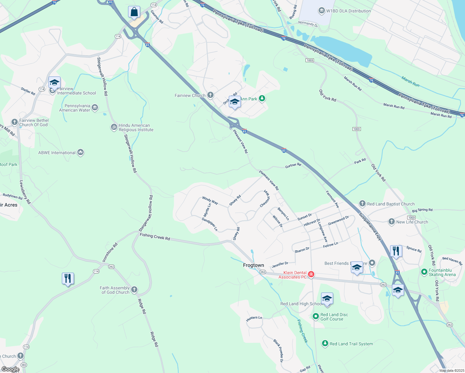 map of restaurants, bars, coffee shops, grocery stores, and more near 506 Sandpiper Lane in New Cumberland
