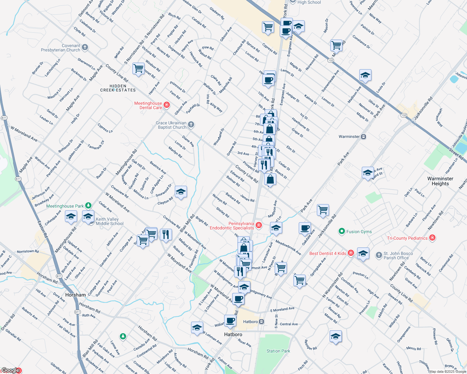 map of restaurants, bars, coffee shops, grocery stores, and more near 32 James Road in Hatboro