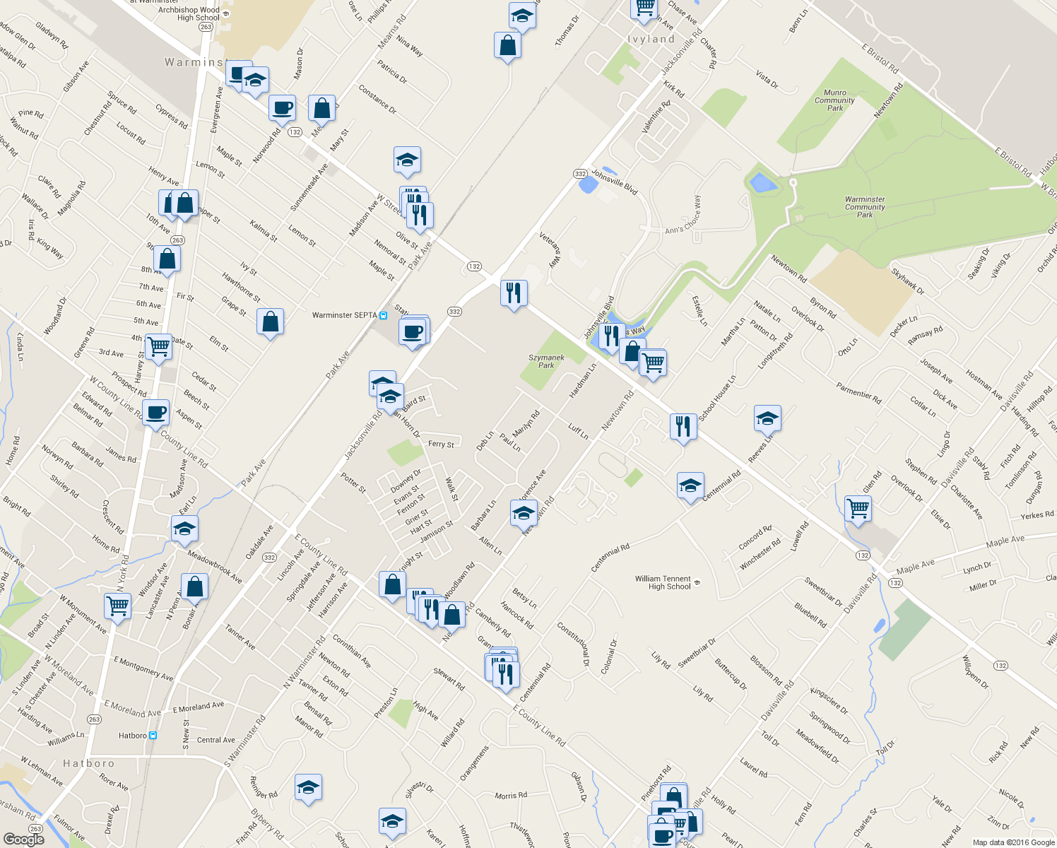 map of restaurants, bars, coffee shops, grocery stores, and more near 407 Marilyn Rd in Warminster