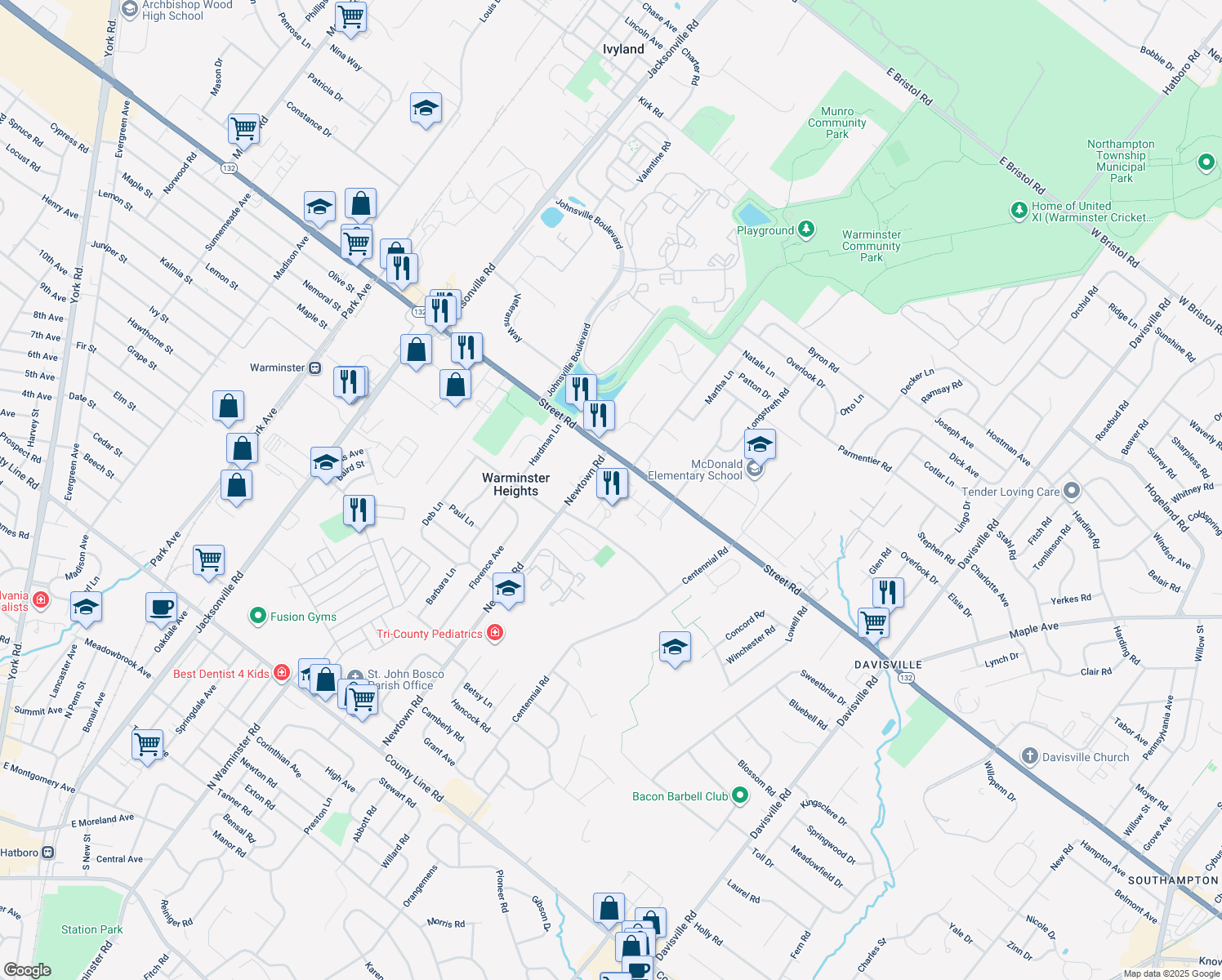 map of restaurants, bars, coffee shops, grocery stores, and more near 3403 Centennial Station in Warminster
