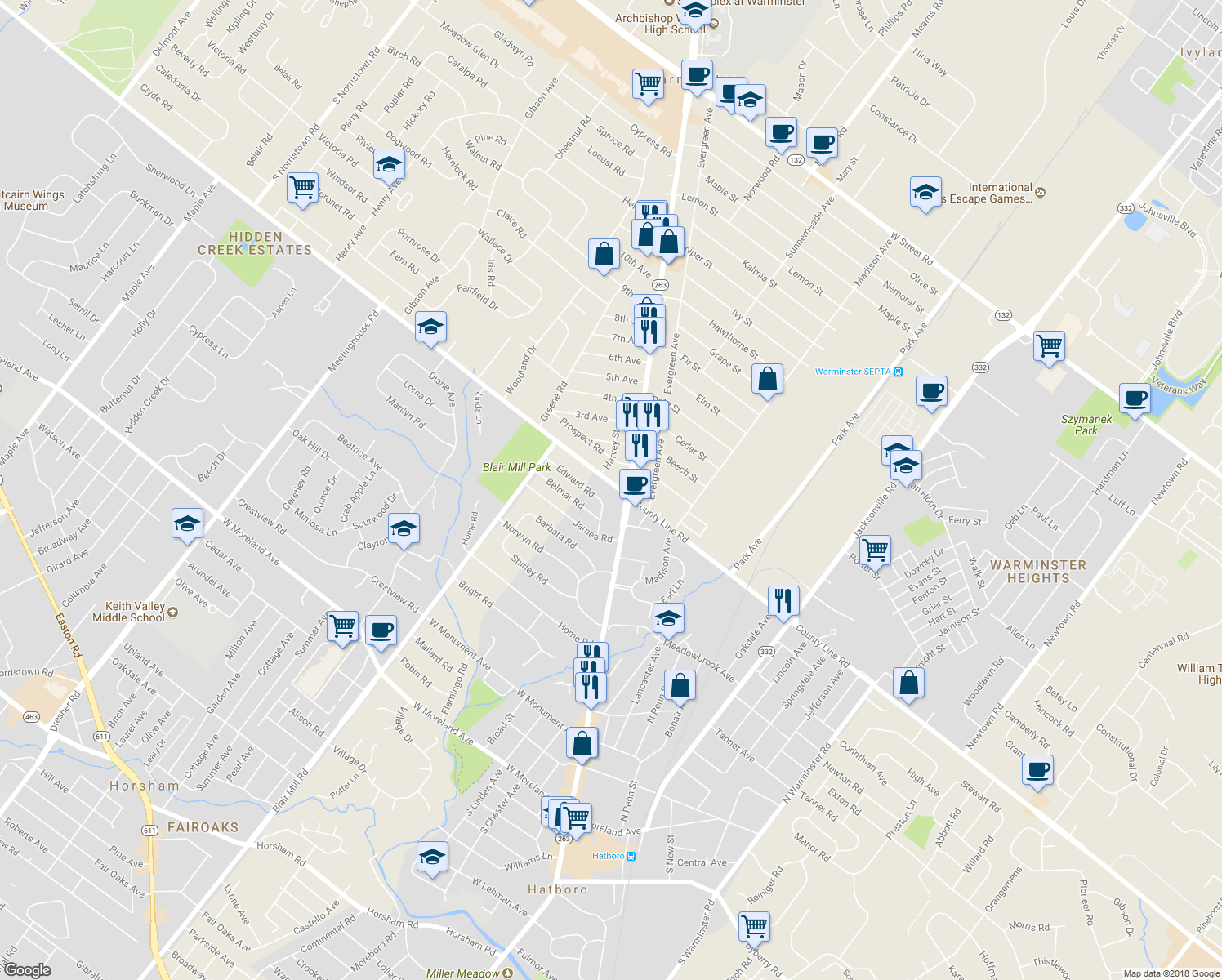 map of restaurants, bars, coffee shops, grocery stores, and more near 7 West County Line Road in Hatboro