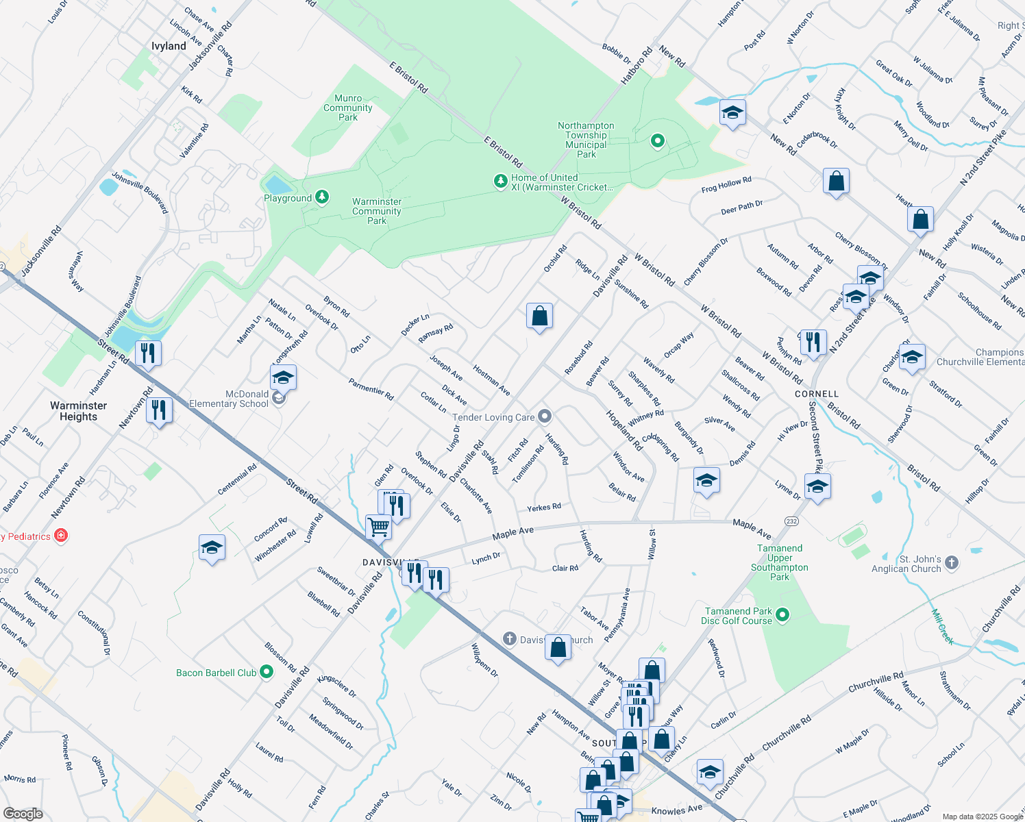 map of restaurants, bars, coffee shops, grocery stores, and more near 1131 Davisville Road in Southampton