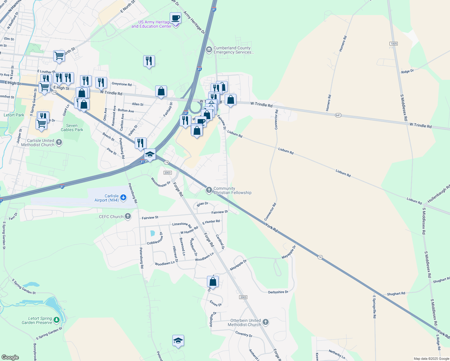 map of restaurants, bars, coffee shops, grocery stores, and more near 92 A Fairview Street in Carlisle