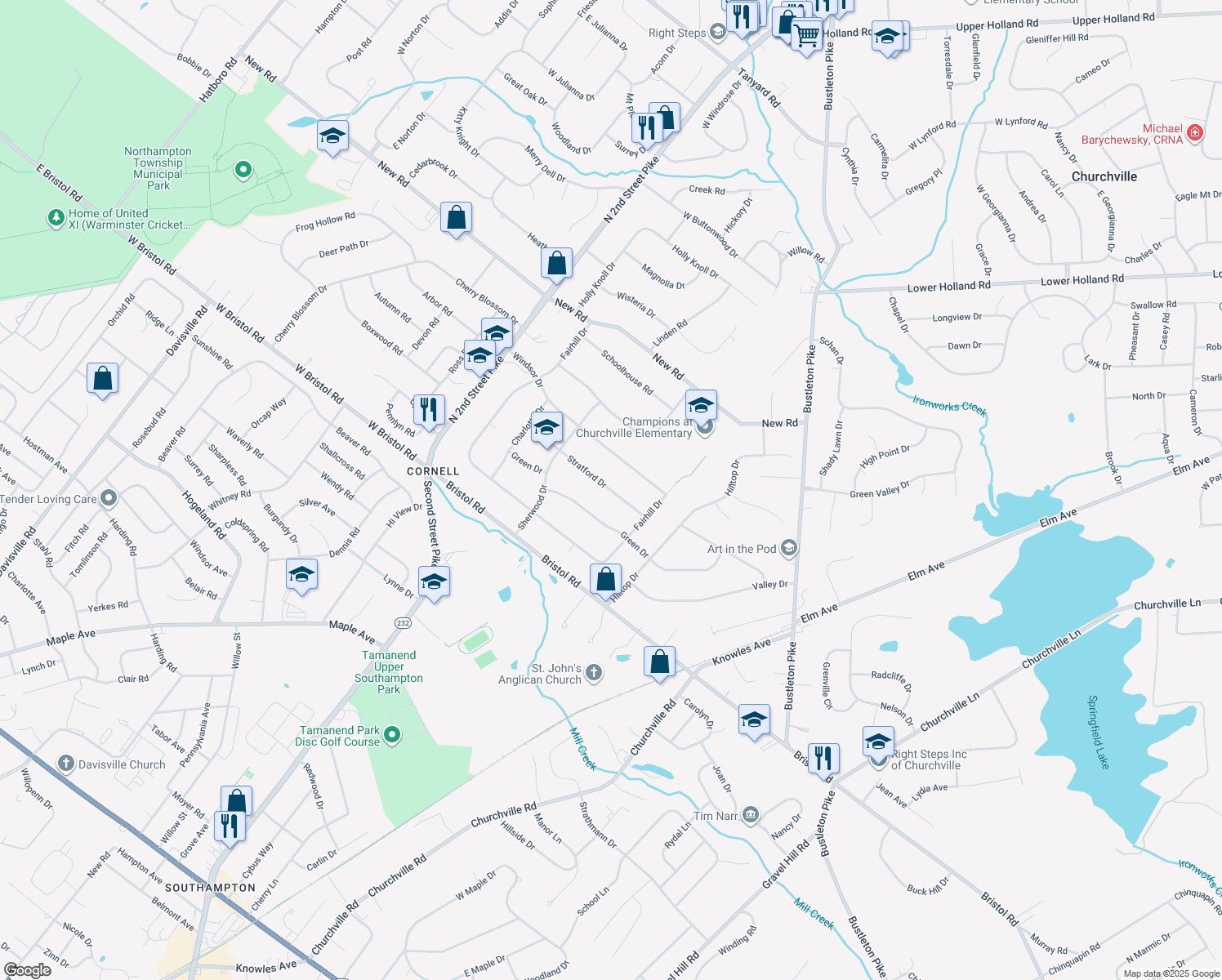 map of restaurants, bars, coffee shops, grocery stores, and more near 193 Stratford Drive in Southampton