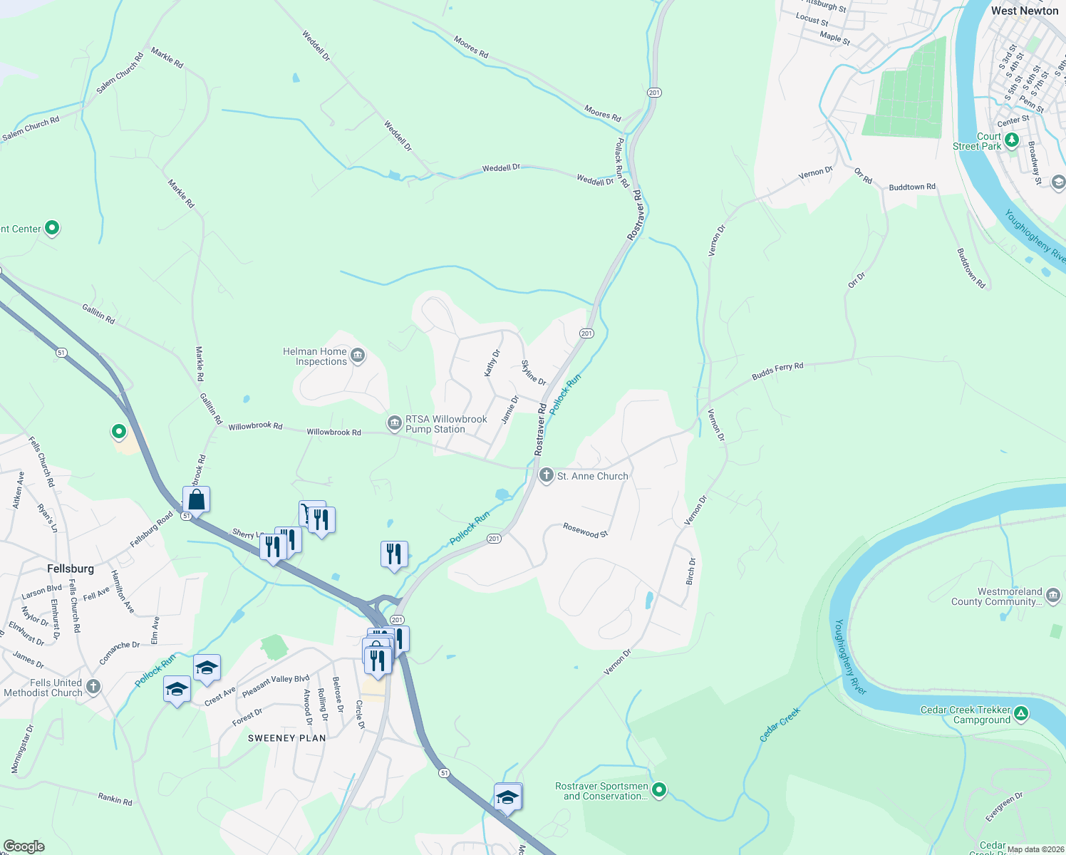 map of restaurants, bars, coffee shops, grocery stores, and more near 1901 Rostraver Road in North Belle Vernon