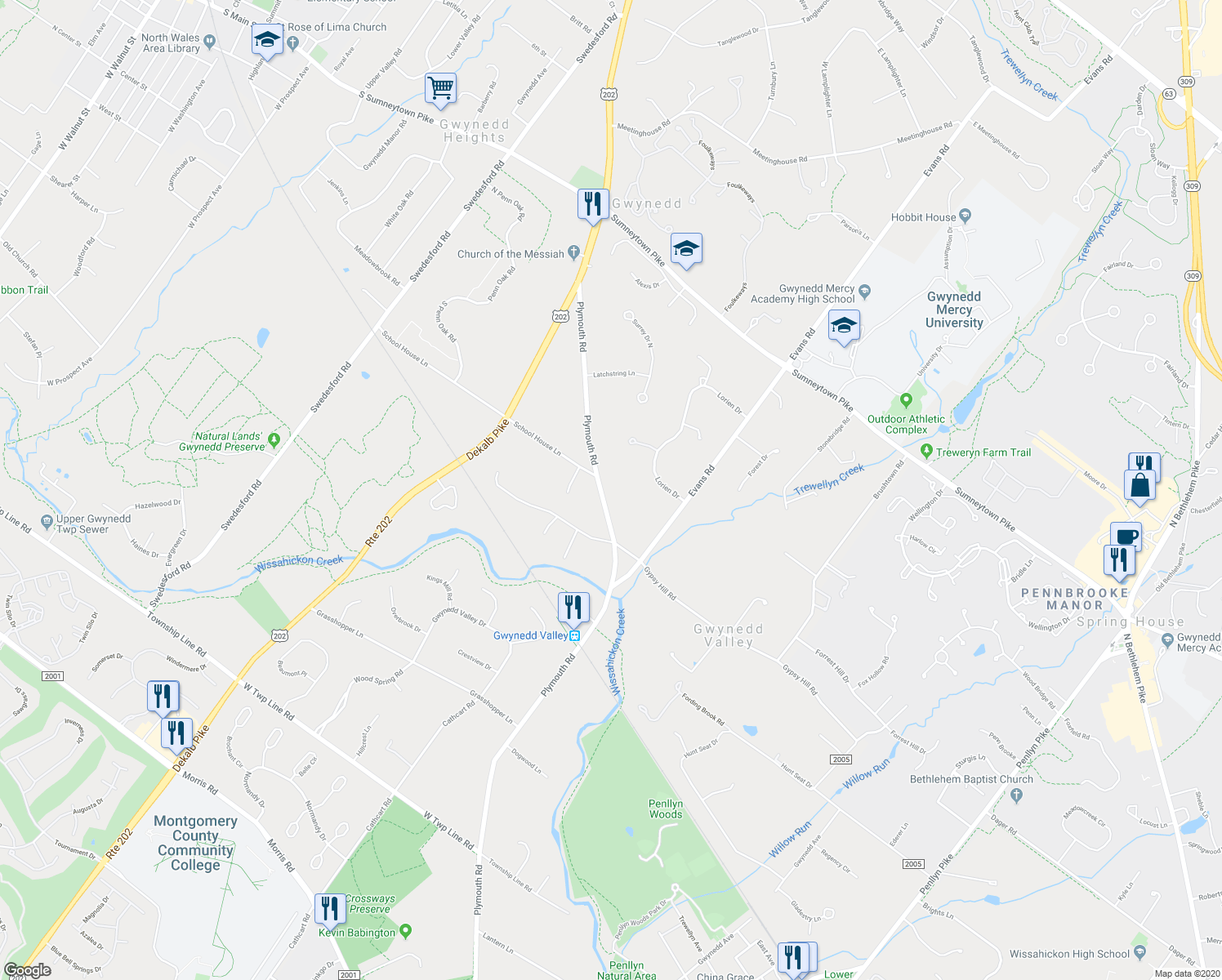 map of restaurants, bars, coffee shops, grocery stores, and more near 712 Plymouth Road in Gwynedd Valley