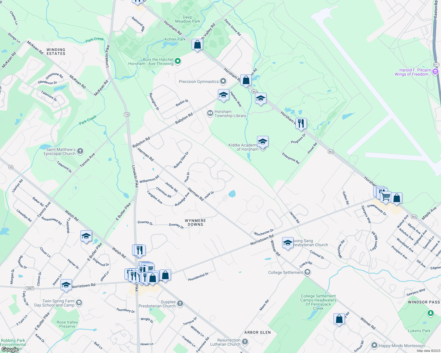 map of restaurants, bars, coffee shops, grocery stores, and more near 57 Hunt Drive in Horsham