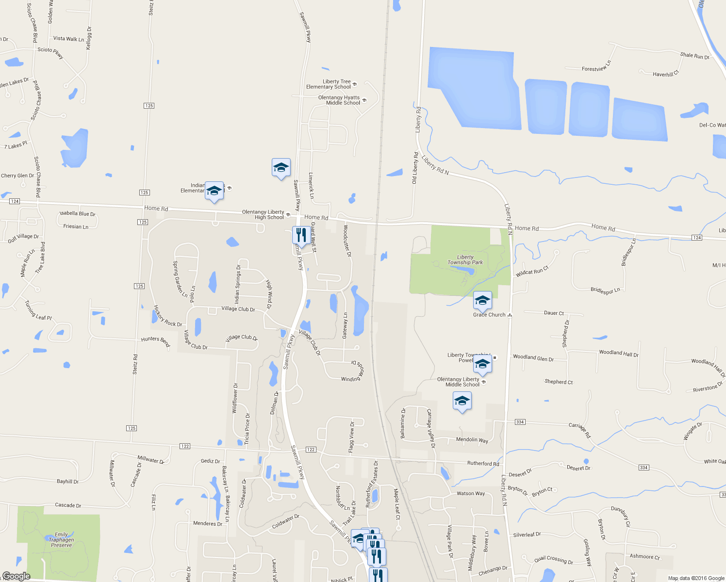 map of restaurants, bars, coffee shops, grocery stores, and more near 7629 Woodcutter Dr in Powell