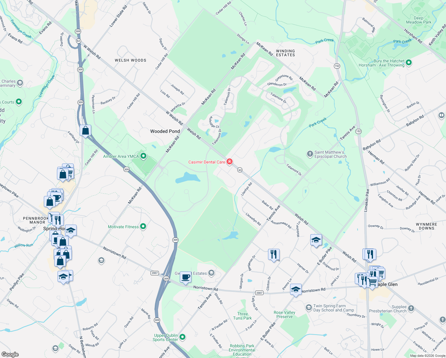 map of restaurants, bars, coffee shops, grocery stores, and more near 421 Wyndon Road in Ambler