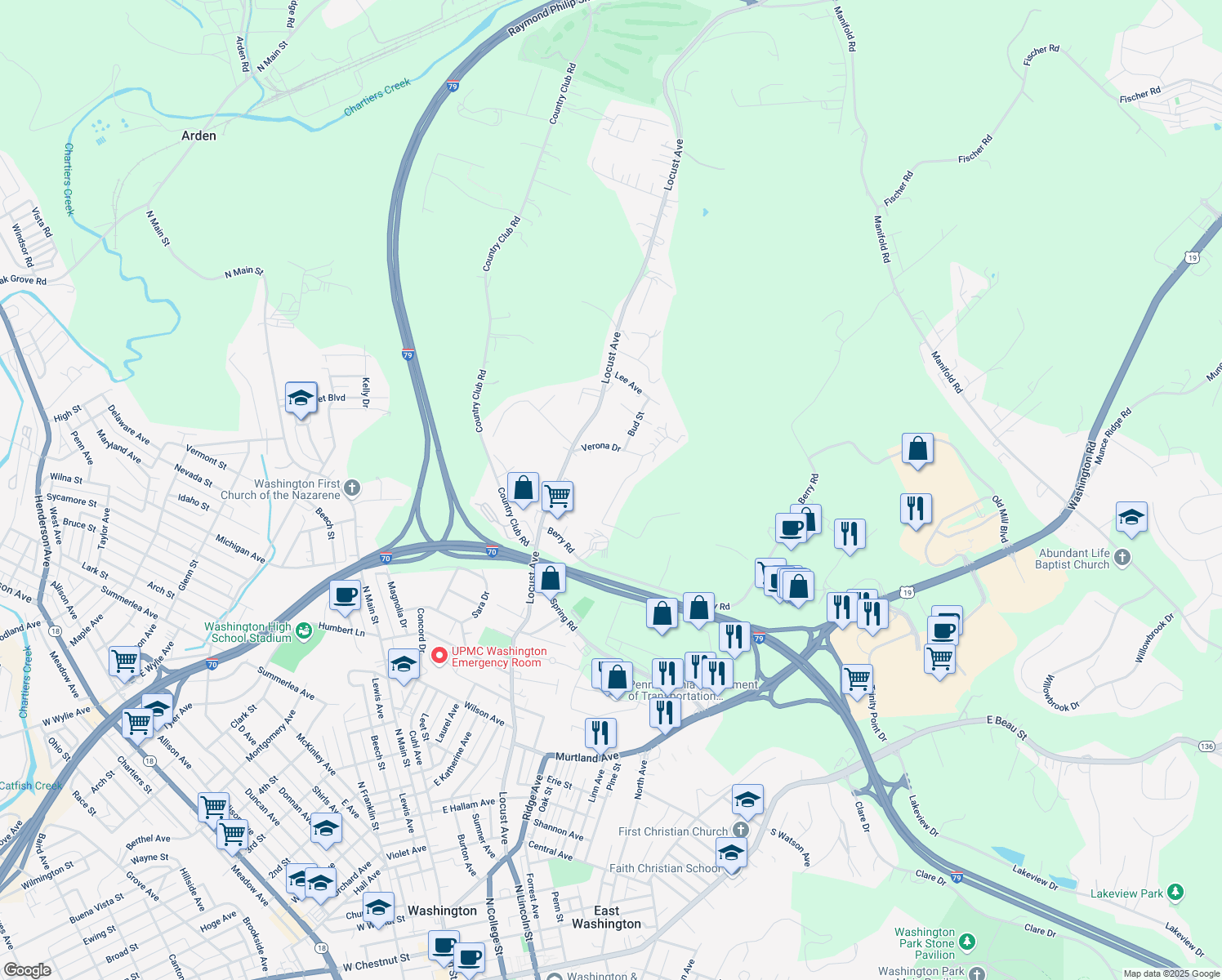 map of restaurants, bars, coffee shops, grocery stores, and more near 53 Stone Marker Drive in Washington
