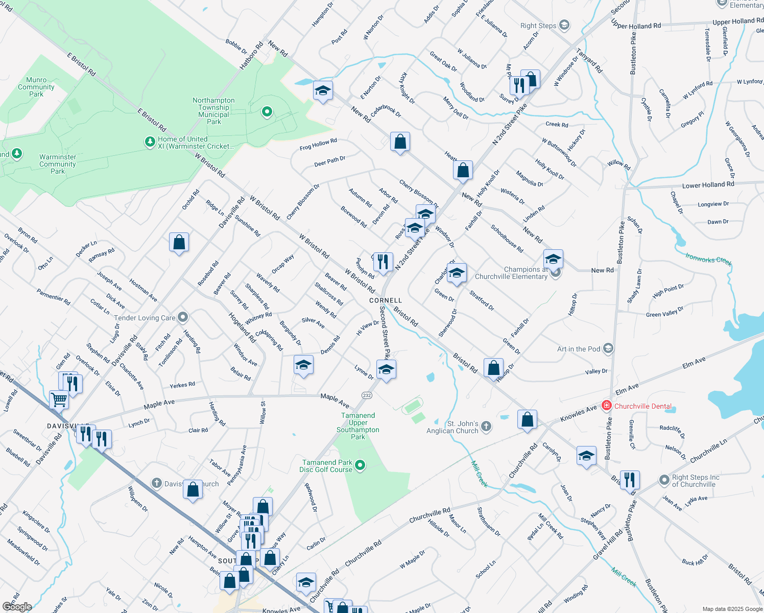 map of restaurants, bars, coffee shops, grocery stores, and more near 1572 2nd Street Pike in Southampton