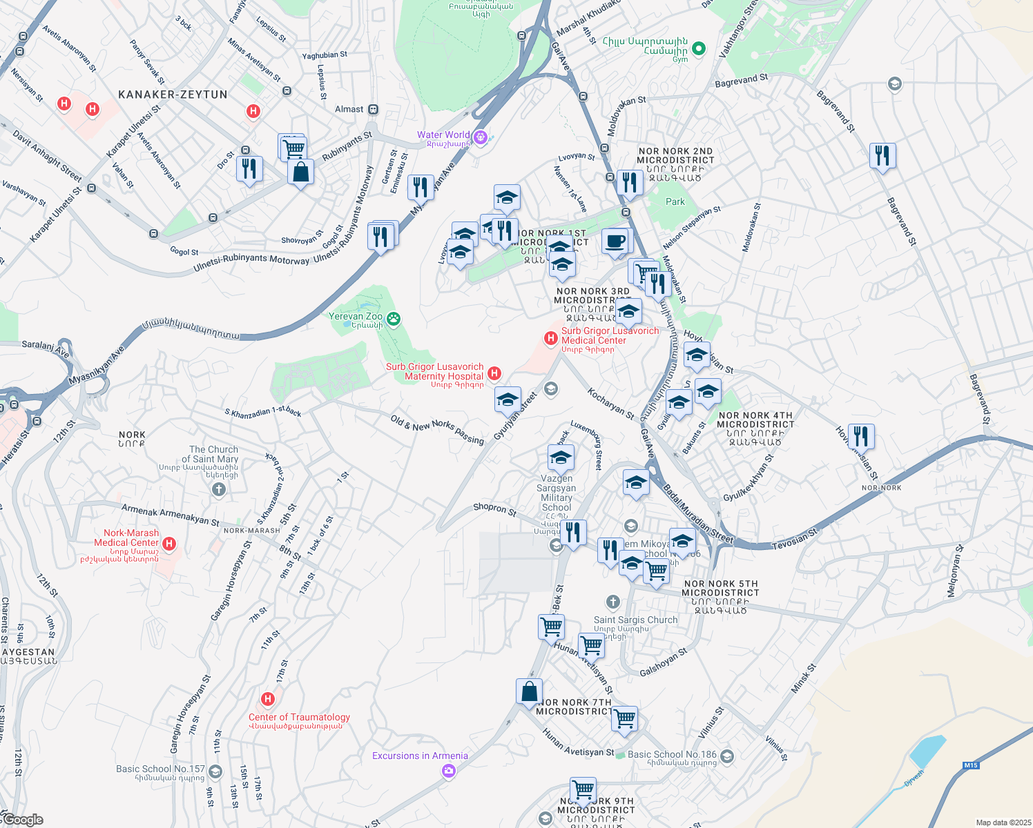 map of restaurants, bars, coffee shops, grocery stores, and more near Gyurjyan Street in Yerevan