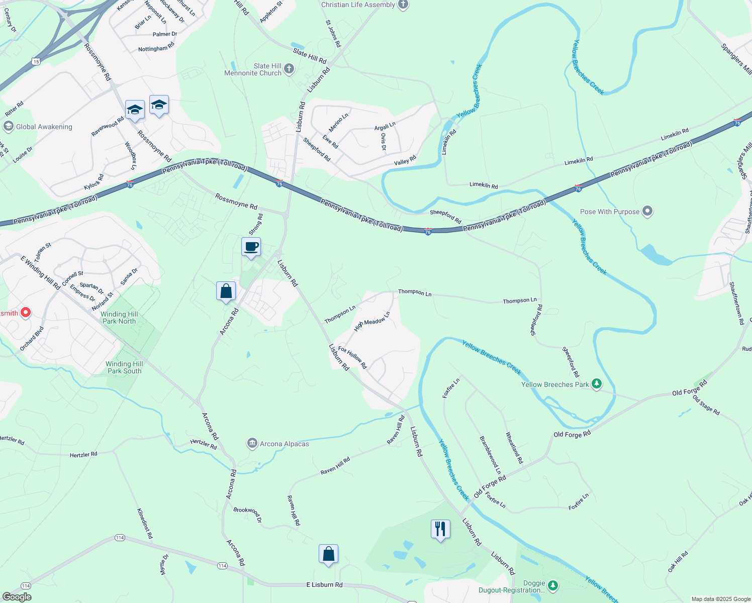 map of restaurants, bars, coffee shops, grocery stores, and more near 1528 Thompson Lane in Mechanicsburg