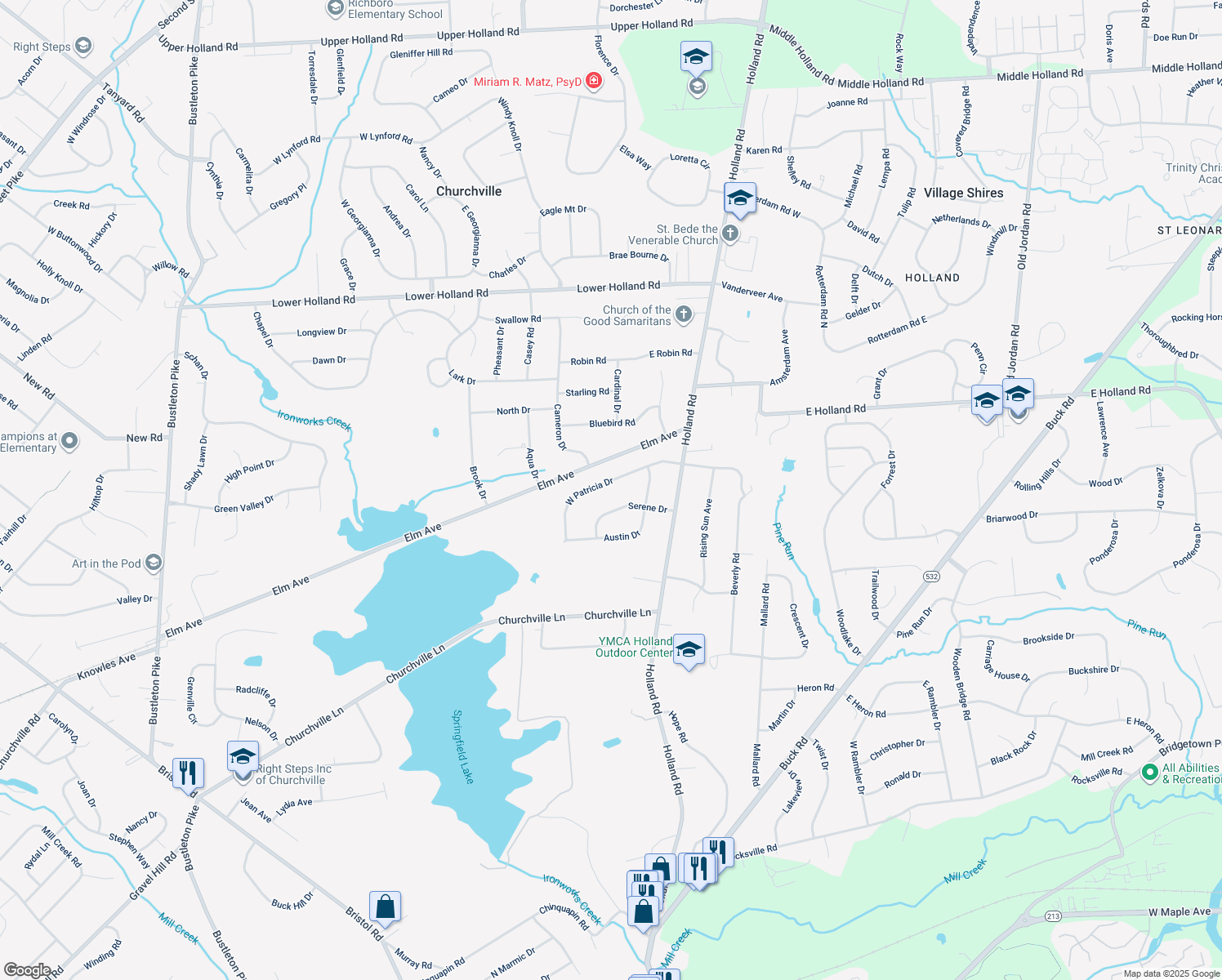 map of restaurants, bars, coffee shops, grocery stores, and more near 90 West Patricia Road in Holland