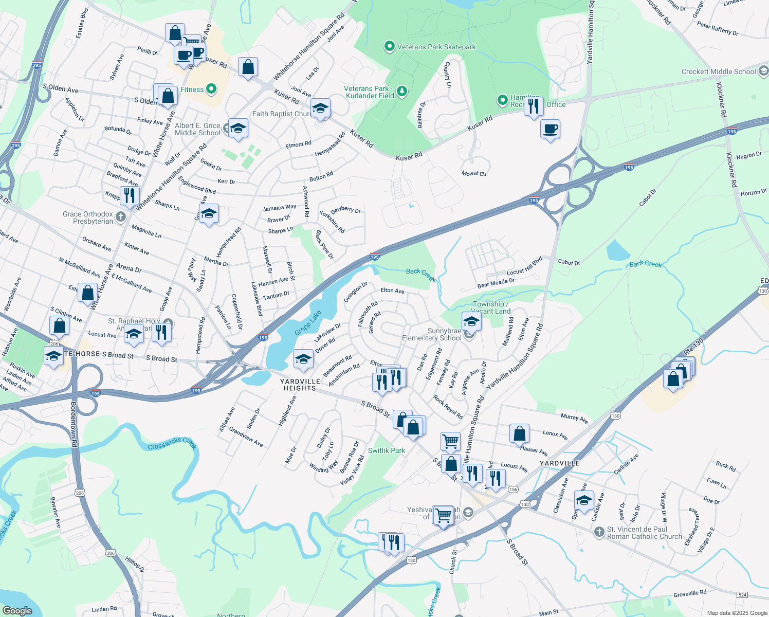 map of restaurants, bars, coffee shops, grocery stores, and more near 50 Gerard Road in Hamilton Township