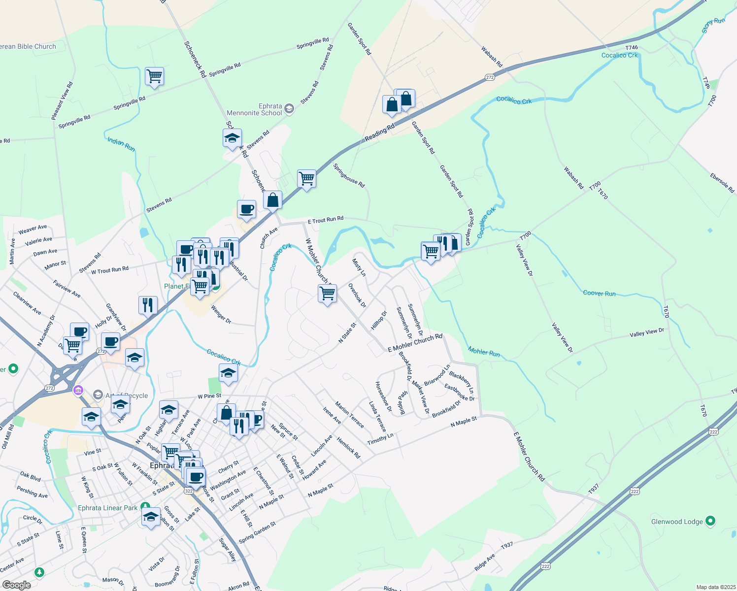 map of restaurants, bars, coffee shops, grocery stores, and more near 5 Misty Ln in Ephrata