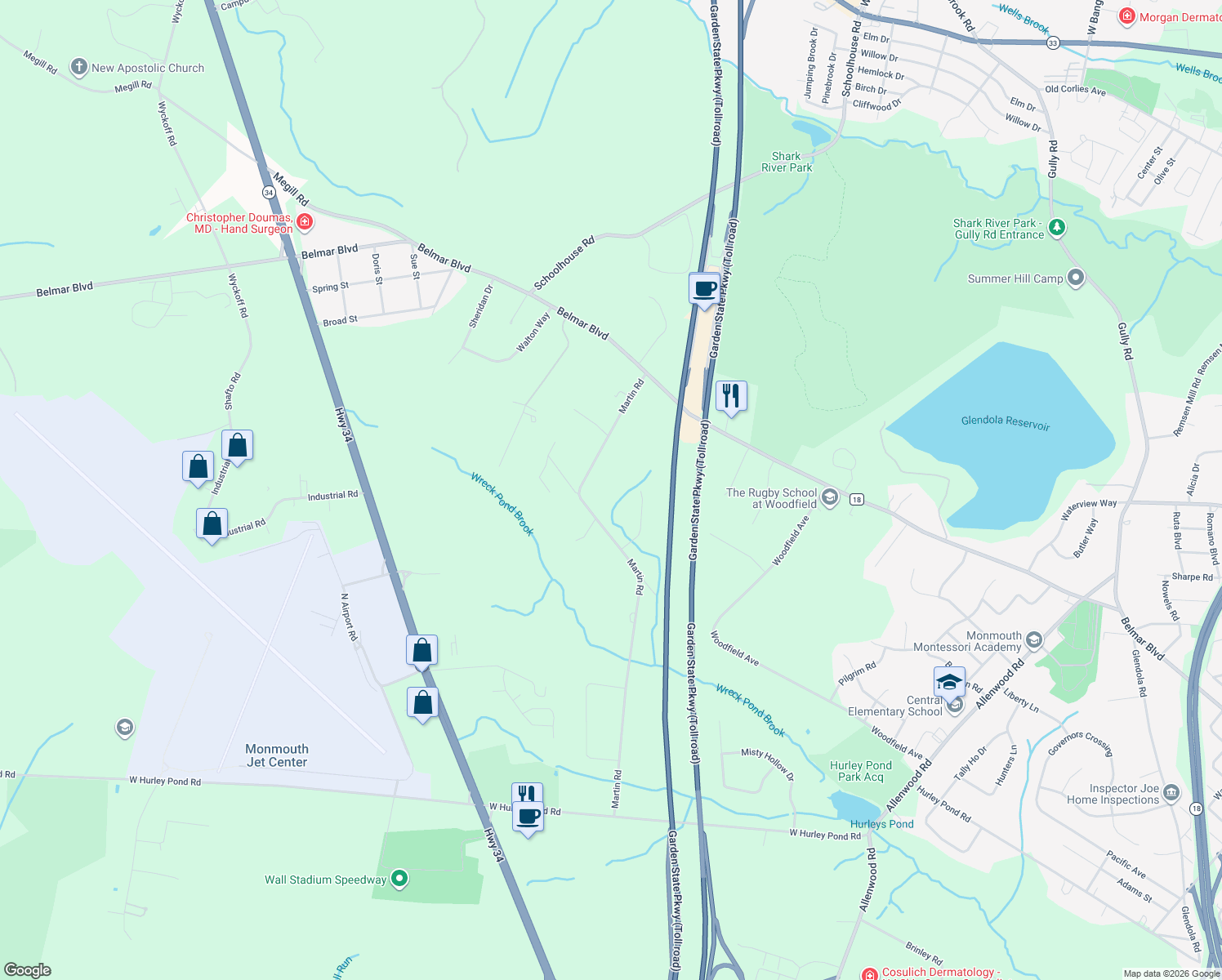 map of restaurants, bars, coffee shops, grocery stores, and more near 1634 Martin Rd in Wall Township