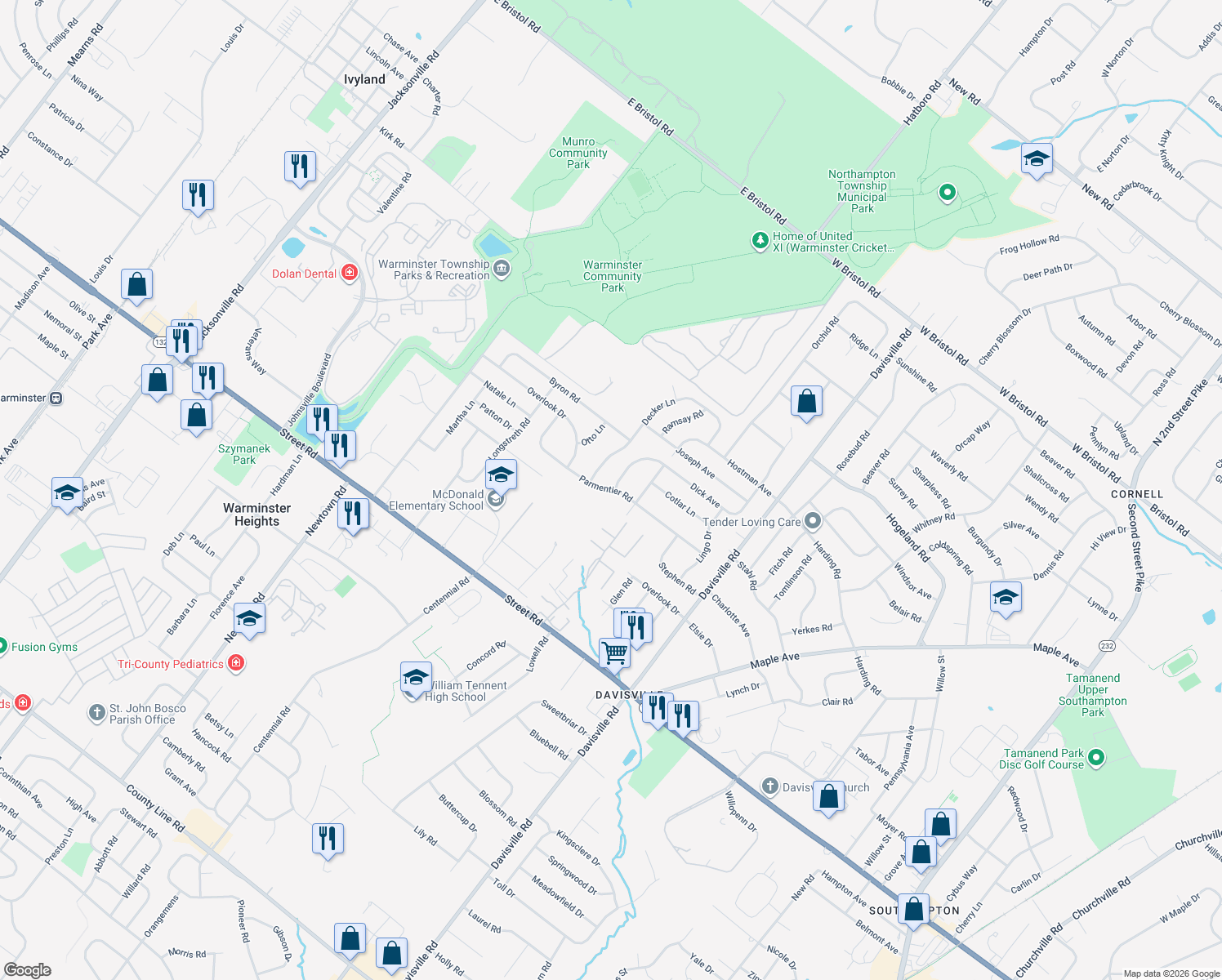 map of restaurants, bars, coffee shops, grocery stores, and more near 644 Parmentier Road in Warminster