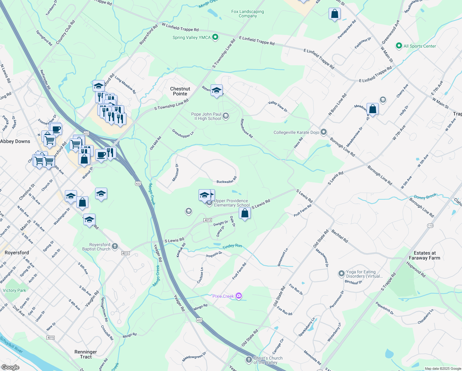map of restaurants, bars, coffee shops, grocery stores, and more near 163 Buckwalter Road in Royersford