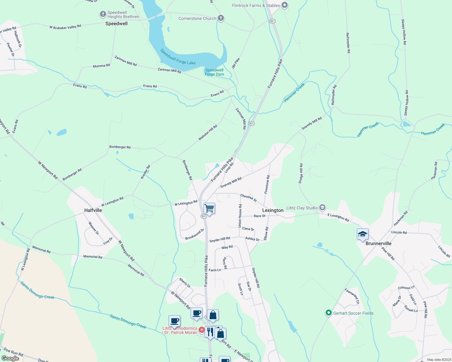 map of restaurants, bars, coffee shops, grocery stores, and more near 108 Snavely Mill Road in Lititz