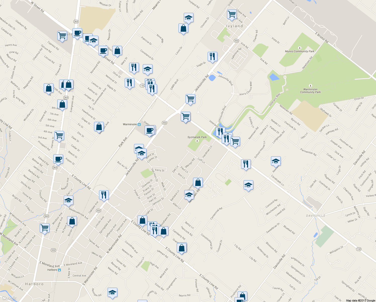map of restaurants, bars, coffee shops, grocery stores, and more near 163 Luff Lane in Warminster