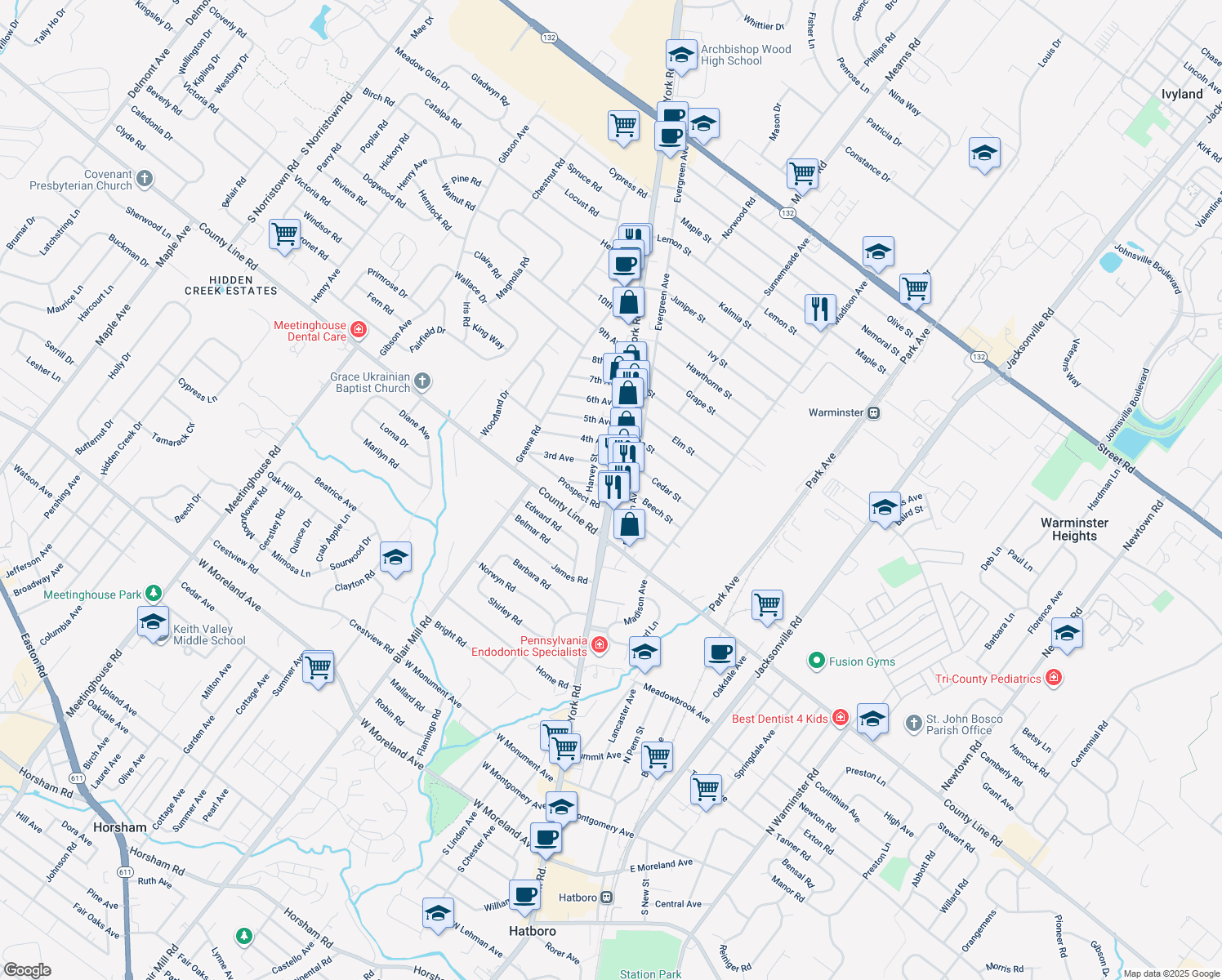 map of restaurants, bars, coffee shops, grocery stores, and more near 90 York Road in Warminster