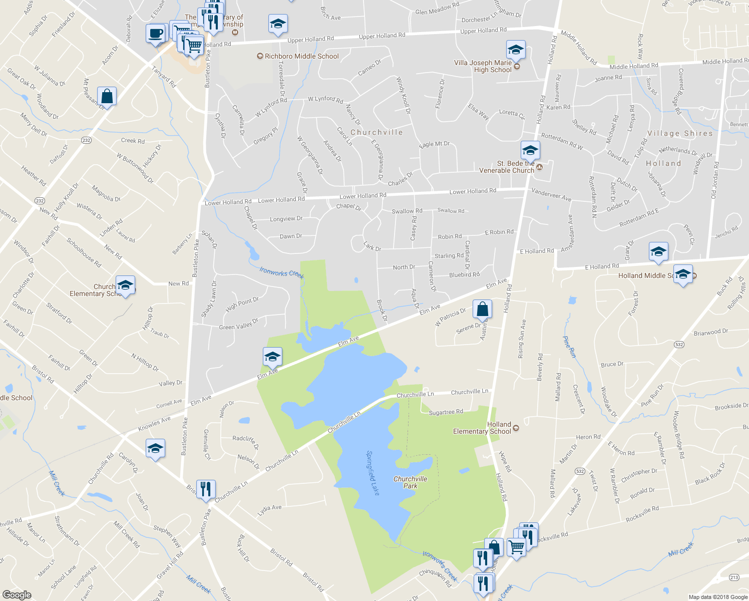 map of restaurants, bars, coffee shops, grocery stores, and more near 48 Brook Drive in Churchville