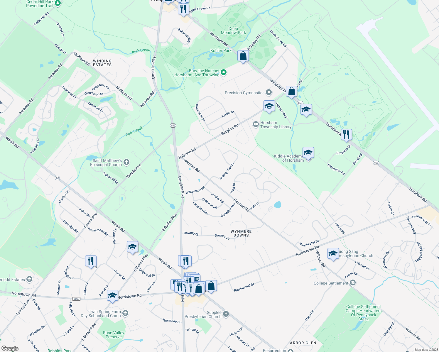 map of restaurants, bars, coffee shops, grocery stores, and more near 509 Rolling Glen Drive in Horsham
