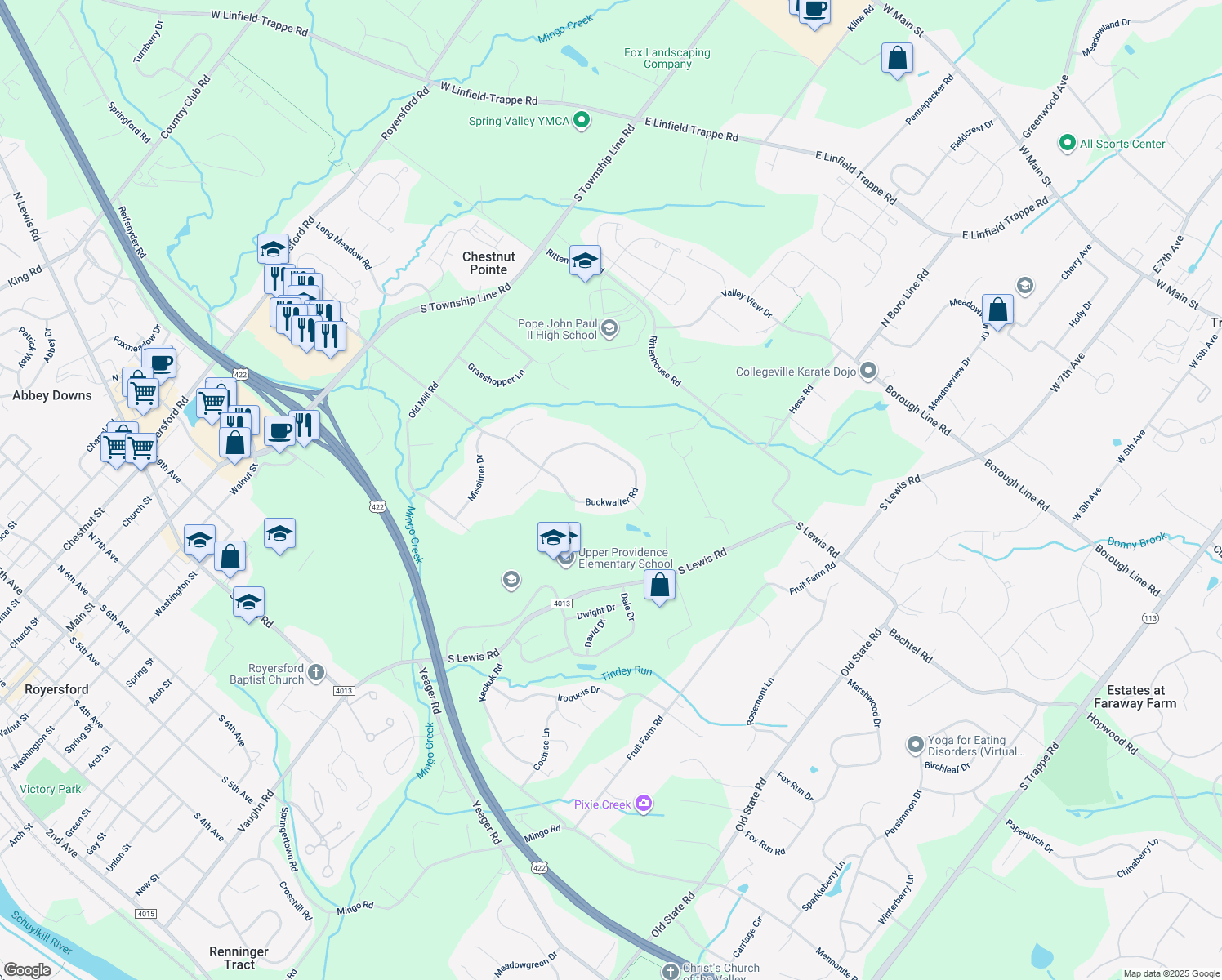 map of restaurants, bars, coffee shops, grocery stores, and more near 154 Buckwalter Rd in Royersford