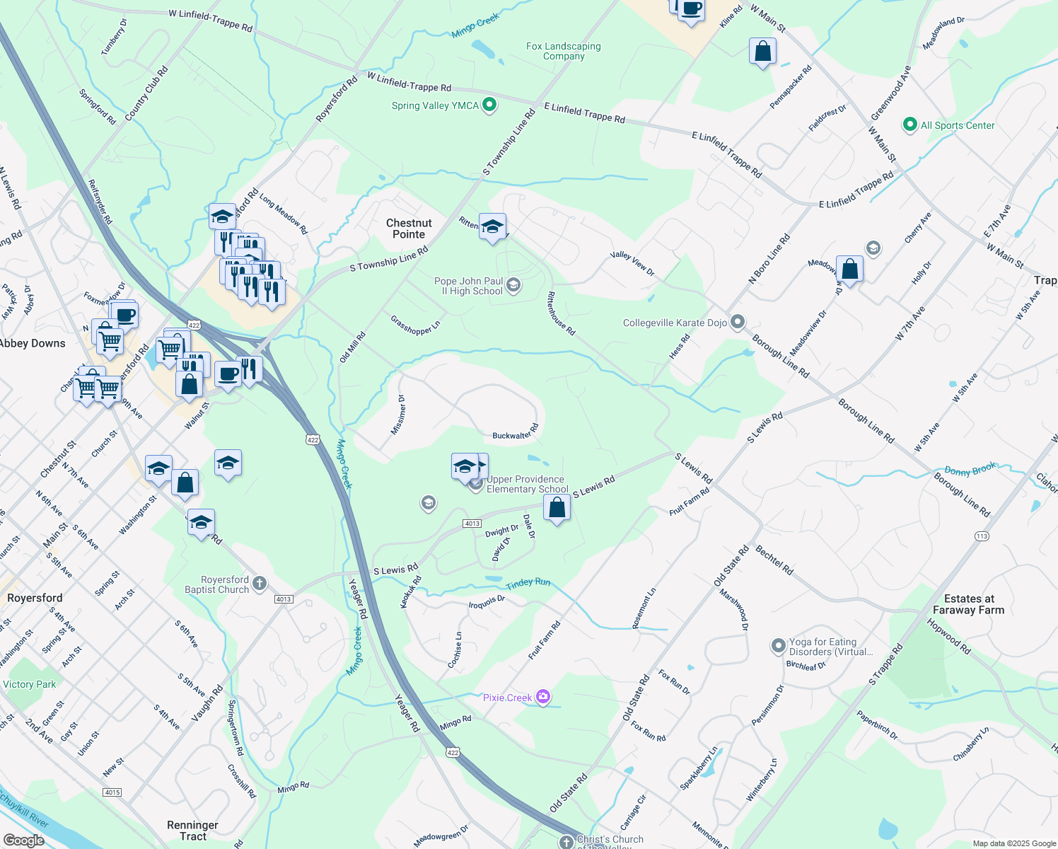 map of restaurants, bars, coffee shops, grocery stores, and more near 150 Buckwalter Road in Royersford