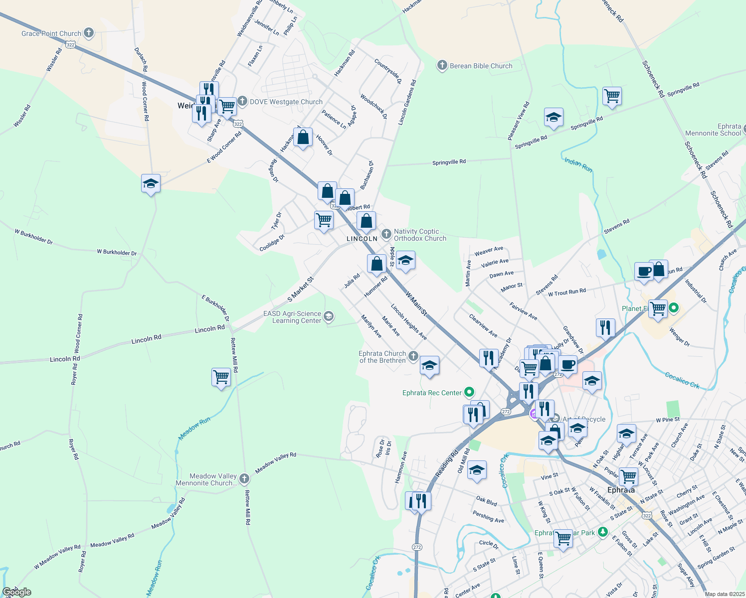 map of restaurants, bars, coffee shops, grocery stores, and more near 1247 Marie Ave in Ephrata