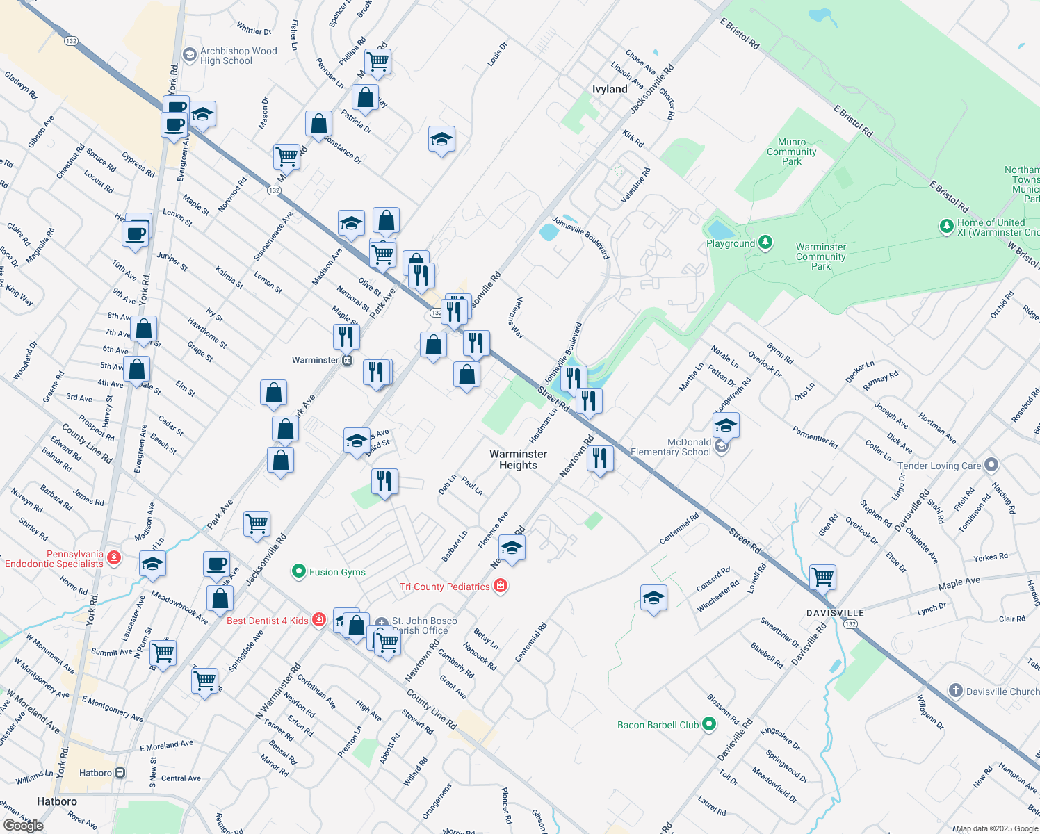 map of restaurants, bars, coffee shops, grocery stores, and more near 253 Lea Lane in Warminster