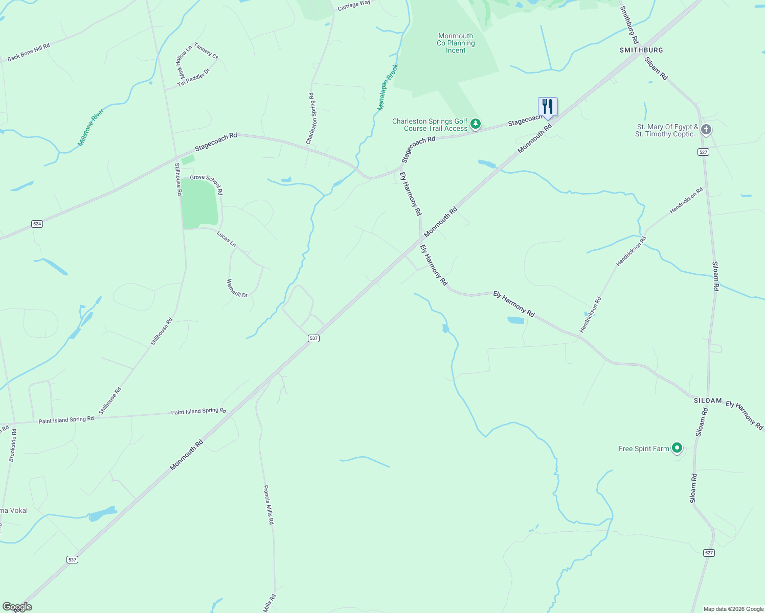 map of restaurants, bars, coffee shops, grocery stores, and more near 349 Monmouth Road in Freehold