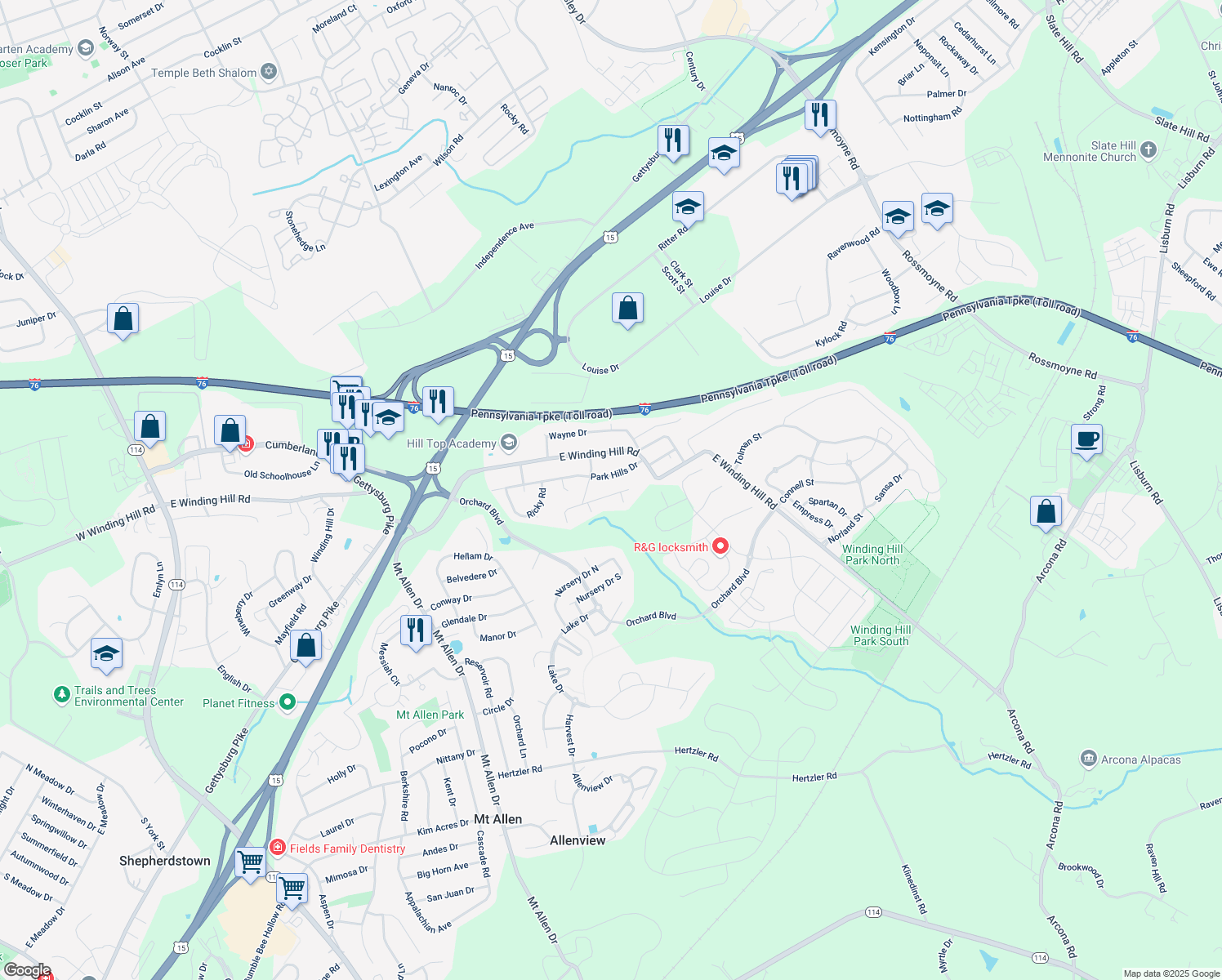 map of restaurants, bars, coffee shops, grocery stores, and more near 607 Lavina Drive in Mechanicsburg