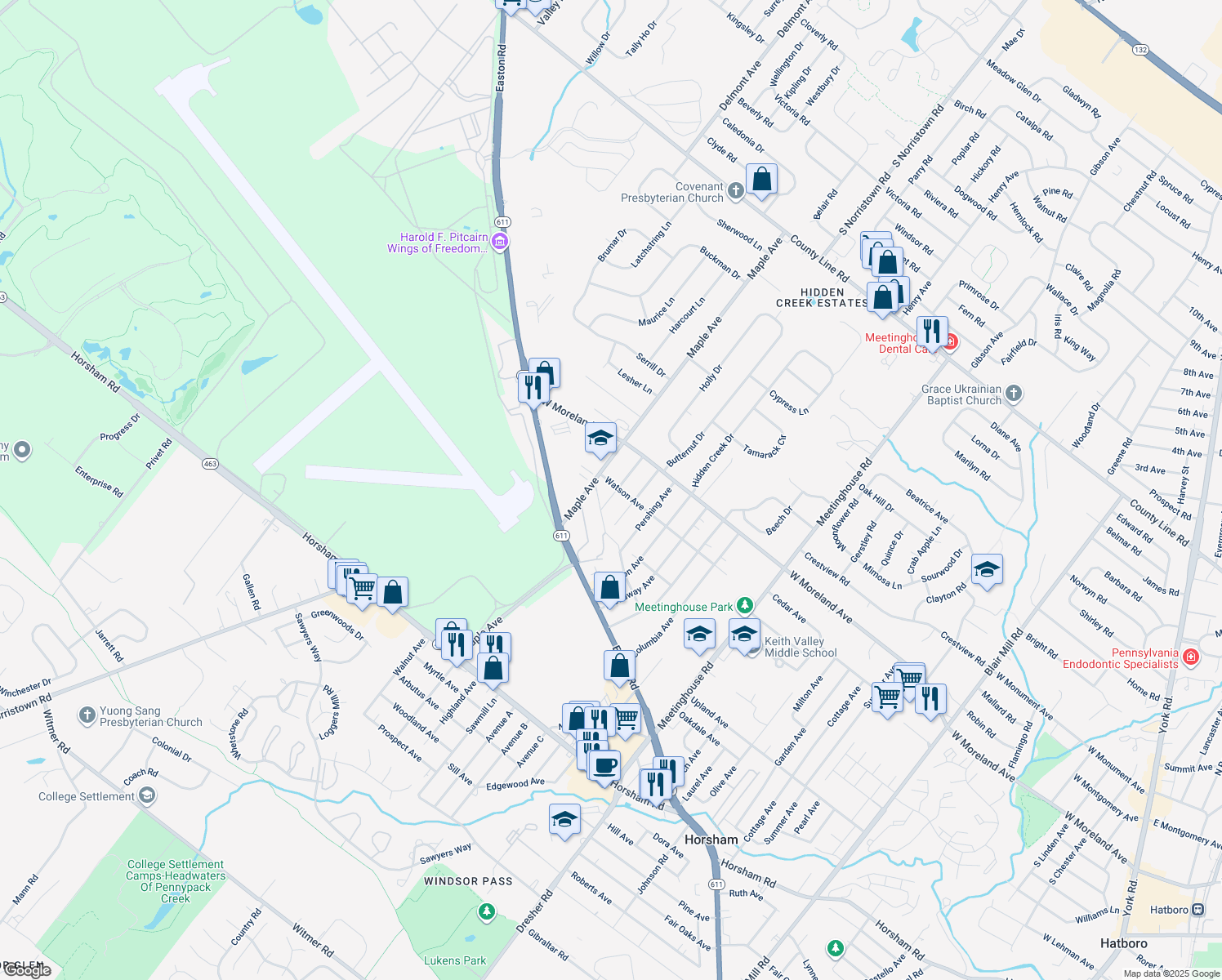 map of restaurants, bars, coffee shops, grocery stores, and more near 212 Wilson Avenue in Horsham