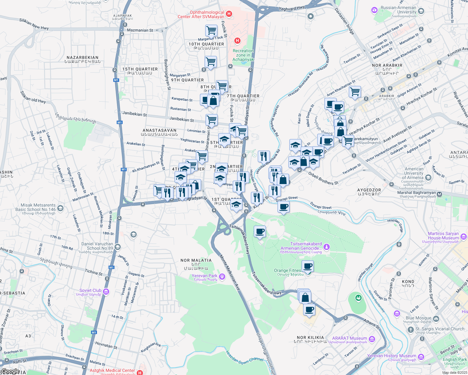 map of restaurants, bars, coffee shops, grocery stores, and more near 11 Halabyan Street in Yerevan