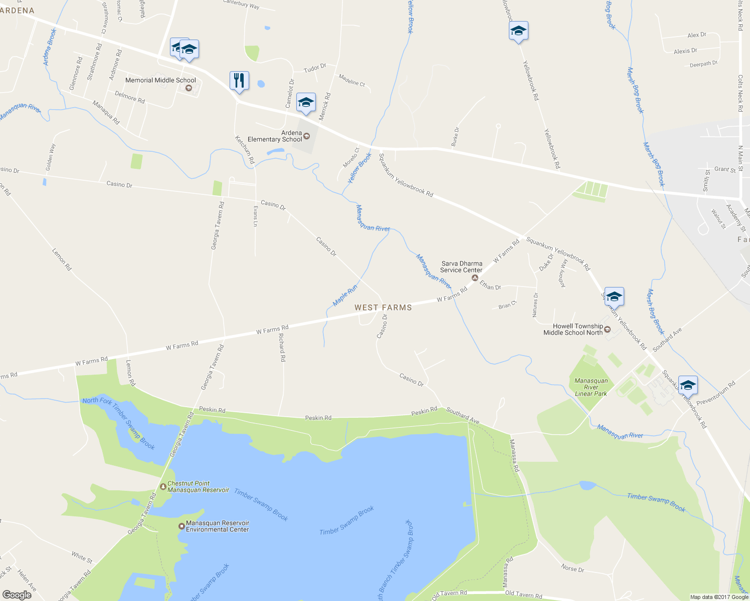 map of restaurants, bars, coffee shops, grocery stores, and more near 149 Casino Drive in Farmingdale