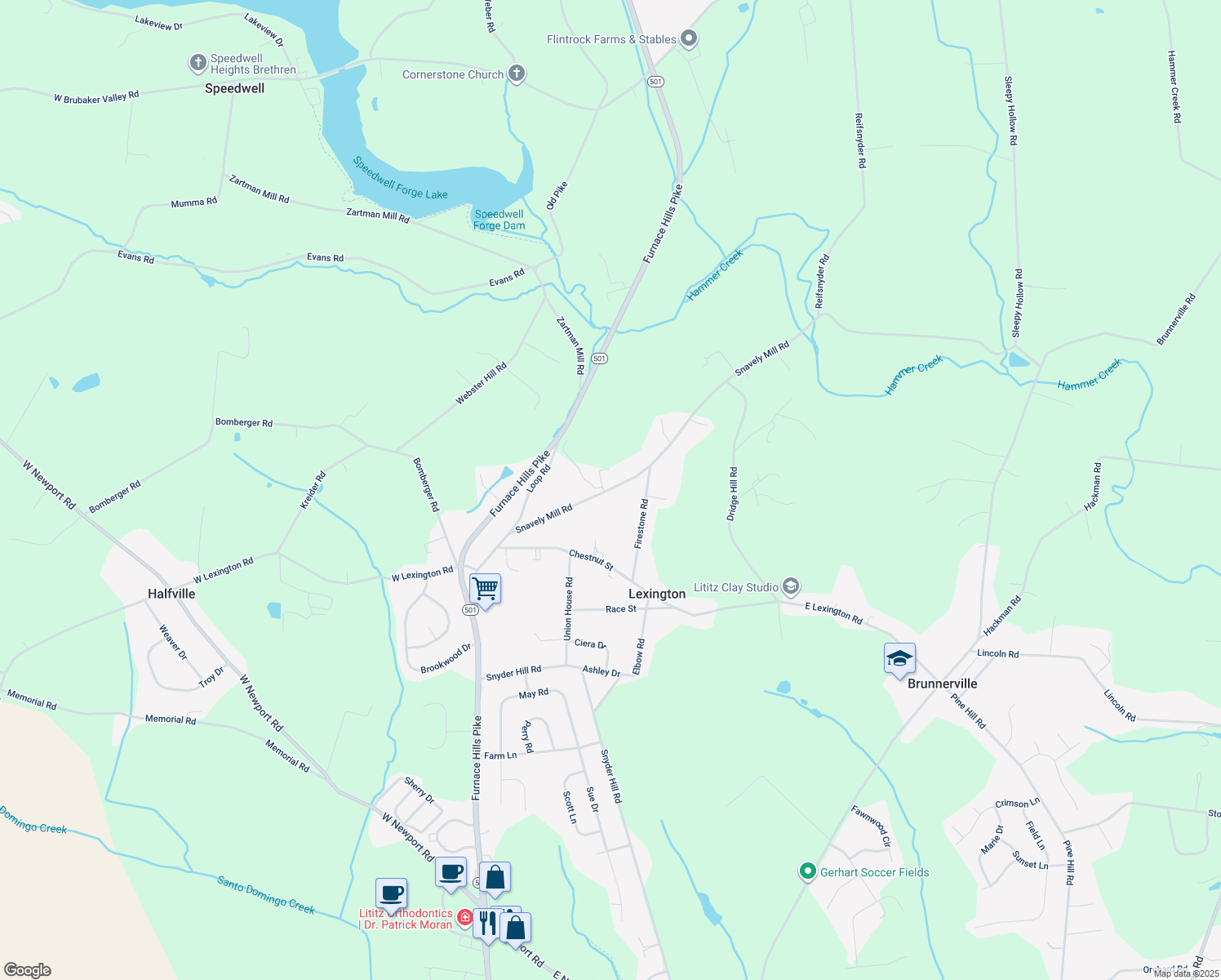 map of restaurants, bars, coffee shops, grocery stores, and more near 133 Snavely Mill Road in Lititz