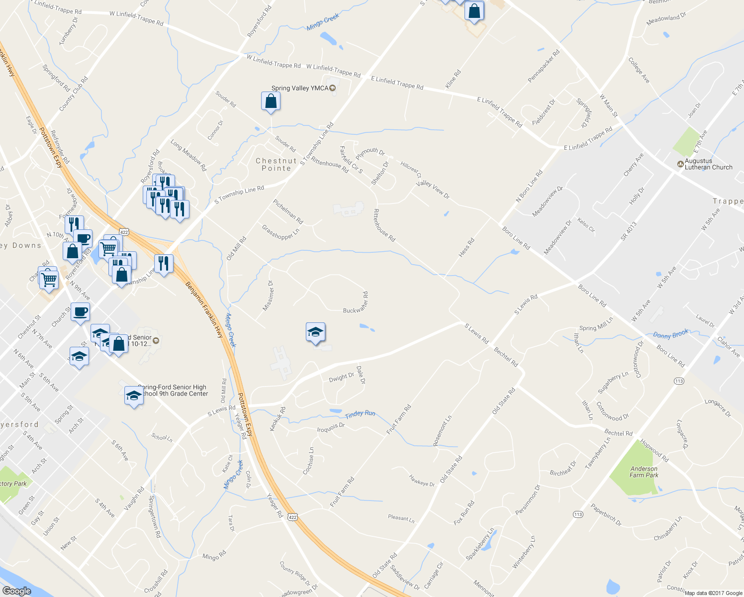 map of restaurants, bars, coffee shops, grocery stores, and more near 155 Buckwalter Road in Royersford