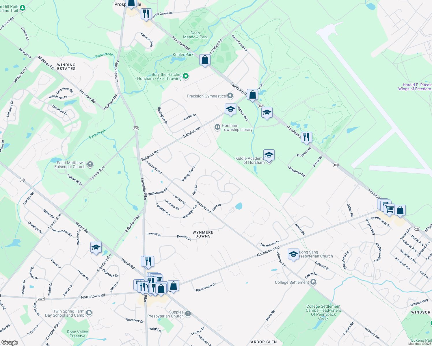 map of restaurants, bars, coffee shops, grocery stores, and more near 11 Cavalry Drive in Horsham