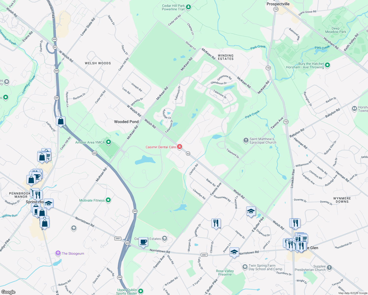 map of restaurants, bars, coffee shops, grocery stores, and more near 1120 Welsh Road in Ambler