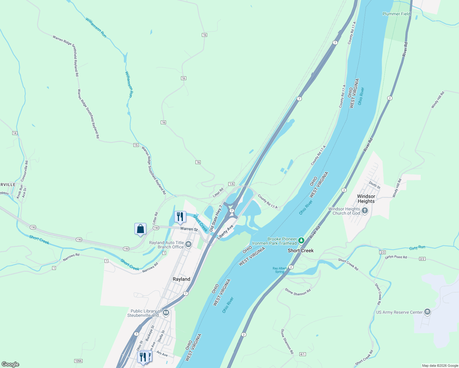 map of restaurants, bars, coffee shops, grocery stores, and more near 4050 County Road 16 in Rayland